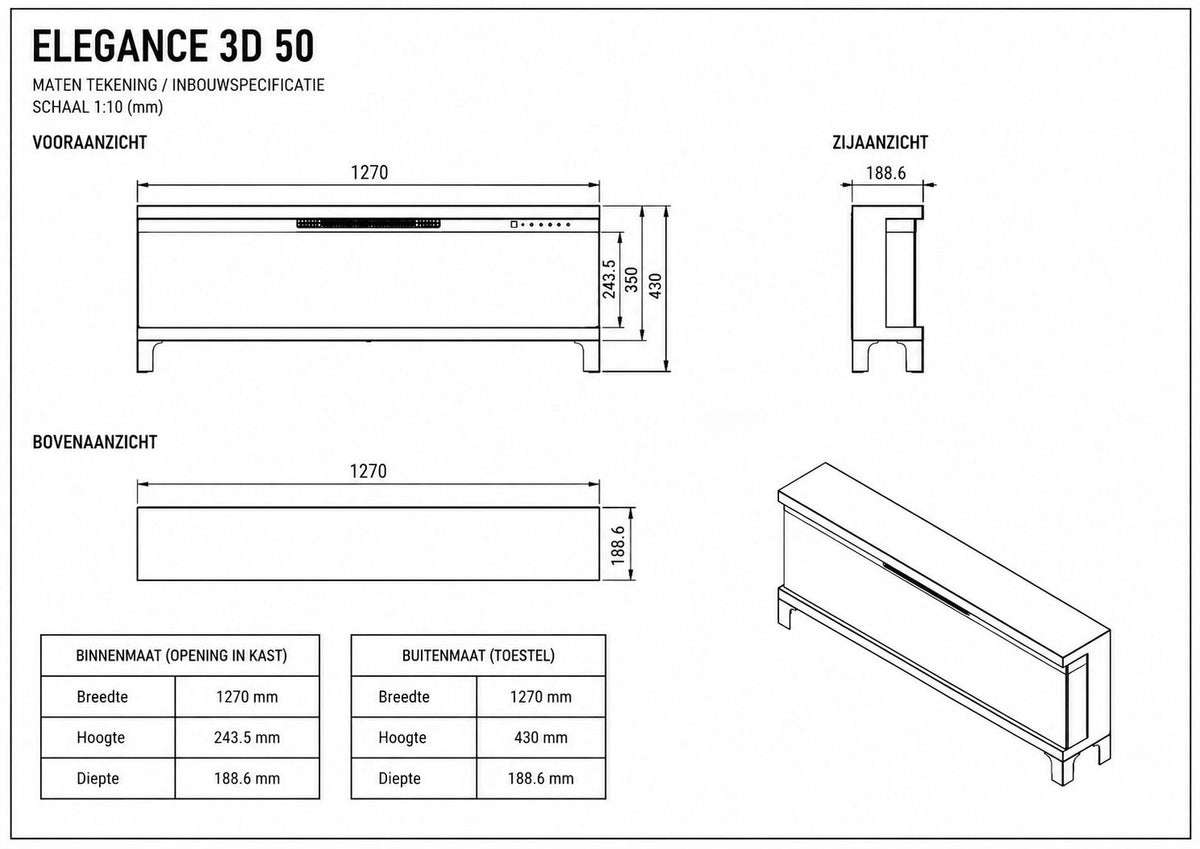 Dutch Fires Elegance 3D sfeerhaard - Elektrische 3-zijdige sfeerhaard met verwarming - 127cm