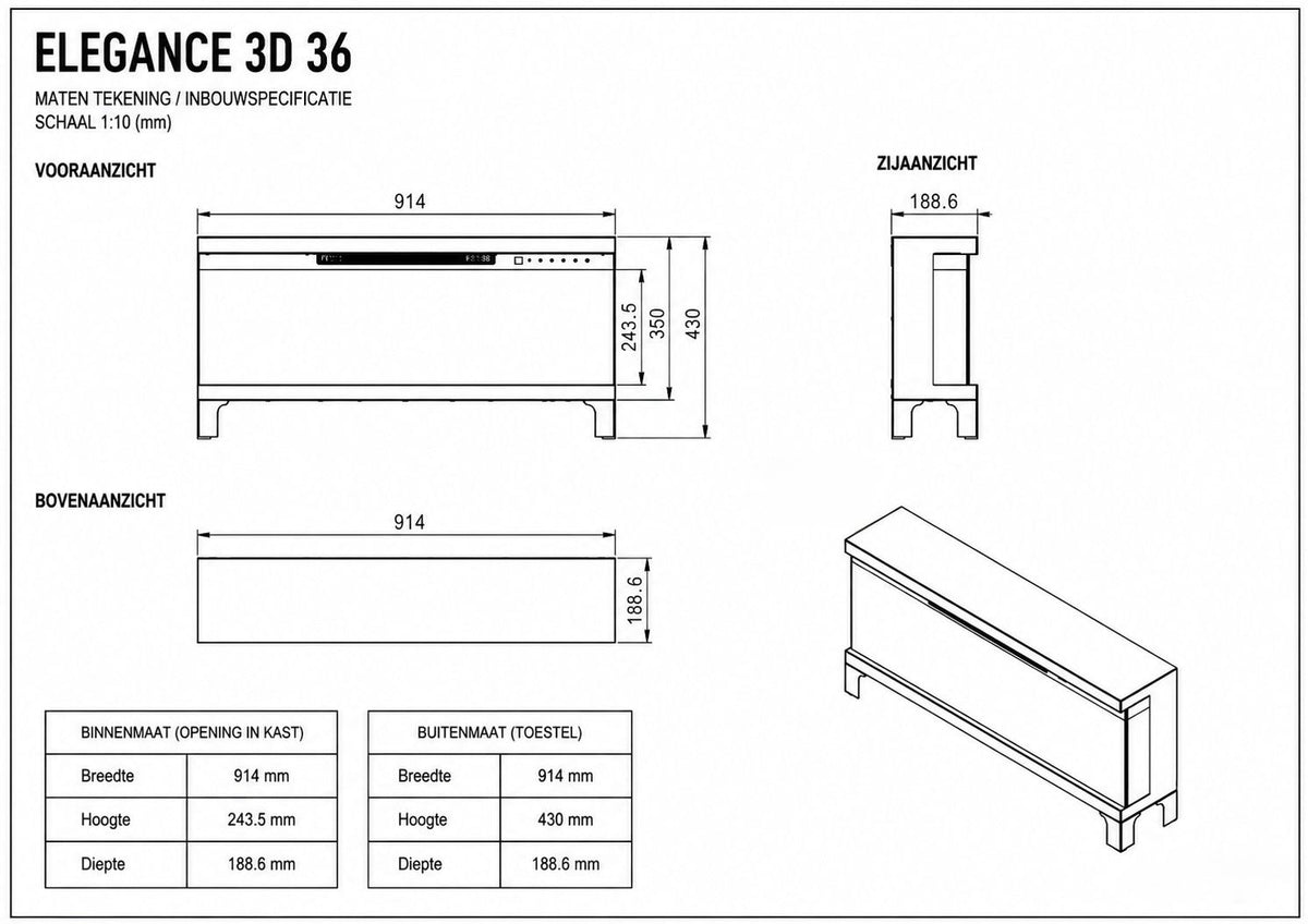 Dutch Fires Elegance 3D sfeerhaard - Elektrische 3-zijdige sfeerhaard met verwarming - 91cm