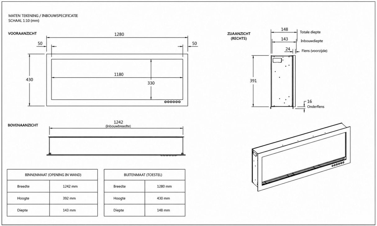 Evoke (slimline) sfeerhaard – 128 cm