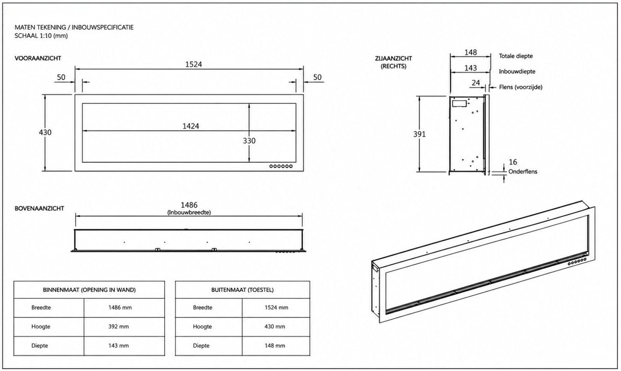 Evoke (slimline) sfeerhaard – 152cm