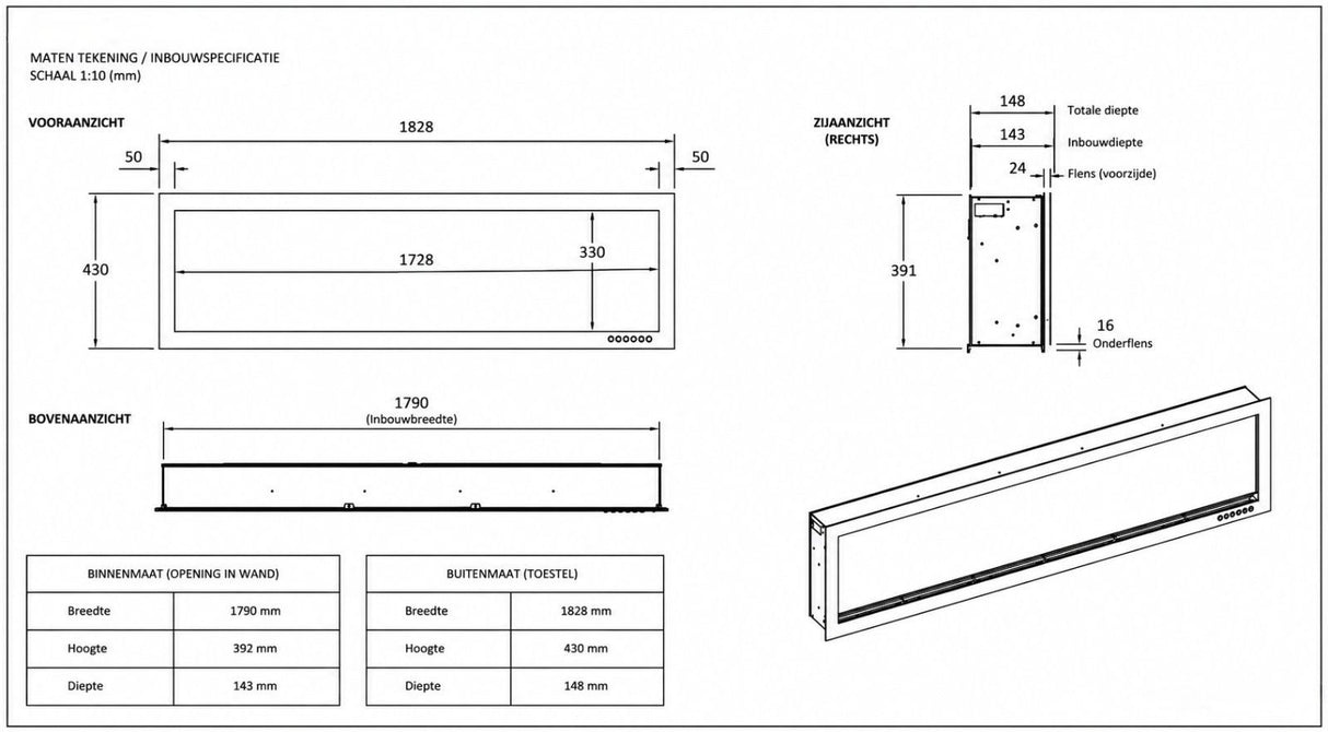 Evoke (slimline) sfeerhaard – 183cm