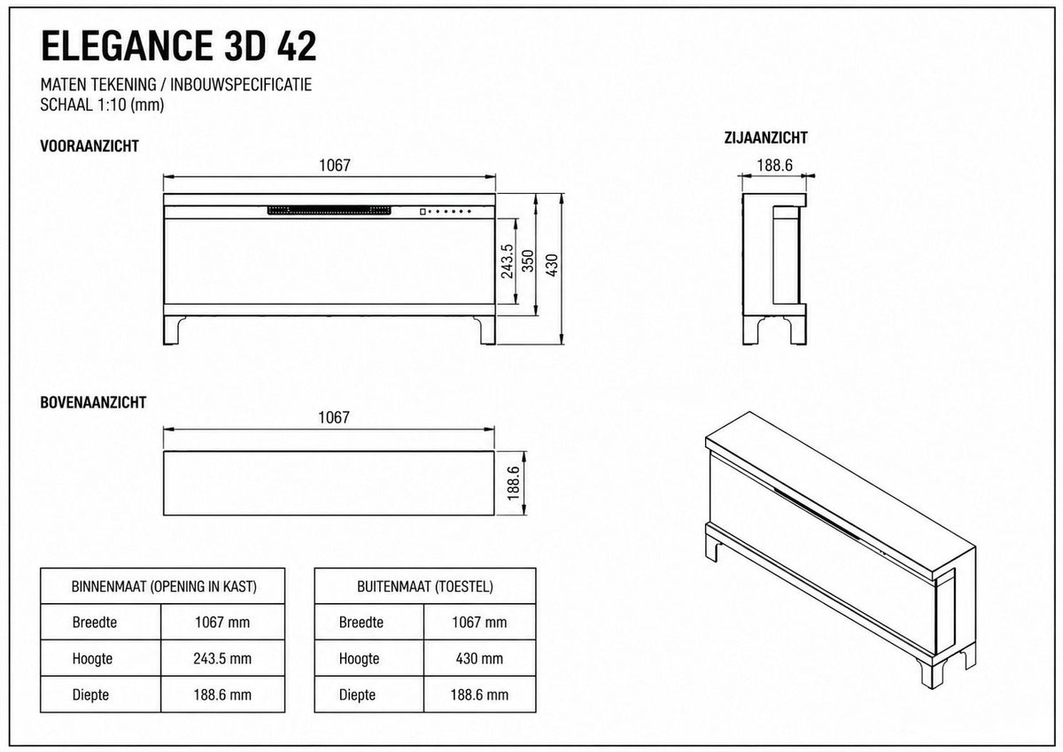 Dutch Fires Elegance 3D sfeerhaard - Elektrische 3-zijdige sfeerhaard met verwarming - 107cm