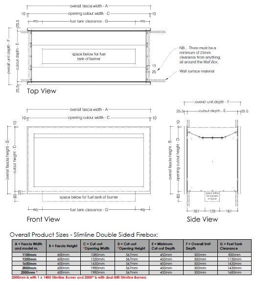 Icon Fires Double Sided Slimline Firebox 1350 met Slimline 1100 Brander